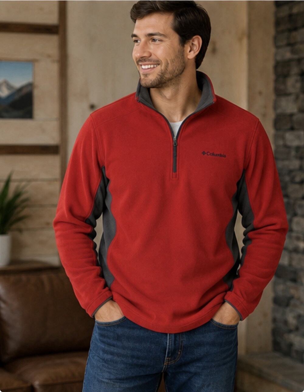 Columbia Red Gray Quarter Zip Fleece Pullover Jacket Men’s Medium